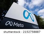 Small photo of Menlo Park, CA, USA - Apr 30, 2022: Closeup of the Meta sign at the entrance to the Meta Platforms headquarters in Menlo Park, California. Meta Platforms, Inc. is an American tech conglomerate.