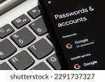 Small photo of Portland, OR, USA - Apr 20, 2023: Passwords and Accounts Settings page is seen on a Google Pixel 4a smartphone. Autofill passwords are stored in the Google account.