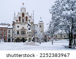 The town hall (Ratusz Rzeszow) in the main square, or old market square (Rynek miejski w Rzeszowie), of Rzeszow, Poland, in snow.