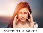Small photo of Healthcare concept, woman hand on face as suffering from facial pain, mumps or toothache