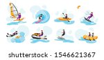 Extreme water sport flat vector illustrations set. Surfing, canoeing, kayaking. Scuba diving. Water-skiing sportsman. Kitesurfing athlete. Couple on boat. Sports people isolated cartoon characters