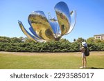 Small photo of The Floralis Generica, a flower sculpture made of steel and aluminum, located on the Plaza de las Naciones Unidas in Buenos Aires, Argentina, South America, 31st Mar 2018