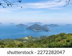 Small photo of Landscape of islands on the seto inland sea , view from Mt. shiude at shonai peninsula , mitoyo city, kagawa, shikoku, japan