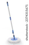Small photo of Plastic spin mop with handle stick and round brush for floor cleaning. Domestic manual supply for housework.also known as round spin floor mop.with stainless steel pipe and microfiber cleaning cloth.