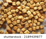 top view golden brown toasted croutons
