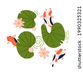 Tree koi fishes with red and orange stripes are swimming under Lotus and lilypad leaves. Vector illustration isolated on white background.