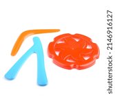 Small photo of A set of colorful plastic boomerangs and frisbees for outdoor play. Children's active games. Boomerang isolated on a white background, close-up.