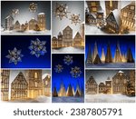 Collection of Christmas lantern houses and night forest with stars. Snowdrifts in Christmas town