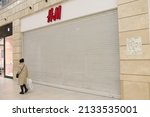Small photo of MOSCOW, RUSSIA – MARCH 7, 2022: Closed shop in Metropolis shopping center, Moscow city, in connection with war in Ukraine. Business, trade and store in Russia. Sanctions. HM store, shop and sanctions
