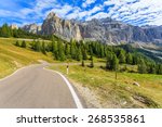 Scenic road from Passo Gardena to Passo Sella in autumn season, Dolomites Mountains, South Tyrol, Italy