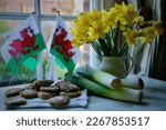 Small photo of St David's Day display of daffodils, welsh flags, leeks and welsh cakes. National emblems of Wales