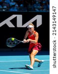 Small photo of MELBOURNE, AUSTRALIA - 19 JANUARY, 2022: Australian Open Tennis Grand Slam. Day 3, Aryna Sabalenka (BLR) won against Marketa Vondrousova (CZE). 4:6, 6:3, 6:1. Vondrousova hitting a backhand.