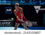Small photo of MELBOURNE, AUSTRALIA - 19 JANUARY, 2022: Australian Open Tennis Grand Slam. Day 3, Aryna Sabalenka (BLR) won against Marketa Vondrousova (CZE). 4:6, 6:3, 6:1. Sabalenka with a powerful backhand.