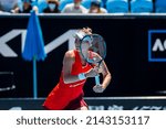 Small photo of MELBOURNE, AUSTRALIA - 19 JANUARY, 2022: Australian Open Tennis Grand Slam. Day 3, Aryna Sabalenka (BLR) won against Marketa Vondrousova (CZE). 4:6, 6:3, 6:1. Vondrousova behind the racquet.