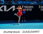 Small photo of MELBOURNE, AUSTRALIA - 19 JANUARY, 2022: Australian Open Tennis Grand Slam. Day 3, Aryna Sabalenka (BLR) won against Marketa Vondrousova (CZE). 4:6, 6:3, 6:1. Sabalenka with a leap.
