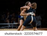 Small photo of BIRMINGHAM, ALABAMA, USA - 9 JULY, 2022: The World Games - Sumo Wrestling, Women's lightweight match: Aleksandra Rozum (POL) won Ketzel Jefferson-Vandusen by Yoritaoshi. Two lightweights grappling.
