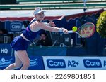 Small photo of MELBOURNE, AUSTRALIA - 13 JANUARY, 2023: Kooyong Classic Tennis Tournament. Day 3, Linda Fruhvirtova (CZE) won against Harriet Dart (GBR). 6:7, 6:3, 10:4. Harriet Dart plays backhand shot.