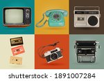 Retro electronics set. Nostalgic collectibles from the past 1980s - 1990s. objects isolated on retro color palette with clipping path.