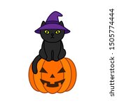 black cat in a witch hat sits... | Shutterstock .eps vector #1505774444