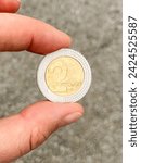 Small photo of The two lari coin is held with two fingers.
