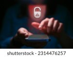 Close Up Of Woman Using Mobile Phone With Security Padlock Overlay On Black Background