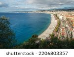 Amazing  morning view  of coast of Nice   and buildings (include Promenade des Anglais in Nice)  - French Riviera (Cote D'Azur) of France on Mediterranean Sea. In top left - Nice Côte d'Azur Airport