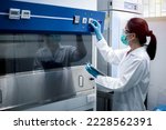 Small photo of Scientist woman checking the fume hood in the laboratory before and after use for safety in the laboratory.