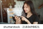 Small photo of Asian Woman signs in on smartphone to access financial transactions digital cybercrime security system to verify identity, scan fingerprints enter passwords, Concept privacy protection Internet hacker