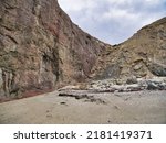 Small photo of The Walls Boundary Fault, near Ollaberry, Shetland, UK - part of the Great Glen strike-slip fault that runs through the north of the UK. On one side is a granite cliff and the other is schist.