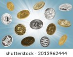 Falling cryptocurrencies (bitcoins, dogecoins, shiba coins, binance coins and other) over grey background