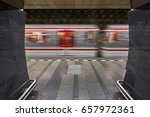 Motion blur of subway train entering station on the Prague metro