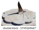 Small photo of Marble sundial with metal gnomon and shadow from it. Isolated on a white background.