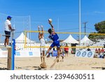 Small photo of Heraklion, Crete, Greece, 16 September 2023. 3rd Mediterranean Beach Games at Karteros Beach Sports Center. Italian and French men beach volley game during Mediterranean Beach Games championships.