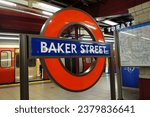 Small photo of London, England, UK - October 21st 2023: Baker Street Transport for London roundel sign on tube platform