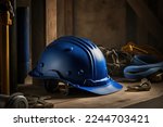 Small photo of A blue safety helmet or hardhat, construction worker PPE, is placed on wooden work bench in the factory work place. Safety PPE object.