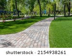 Small photo of Park infrastructure, landscape design. Walking paths, green lawns with barberry bushes in the summer park.