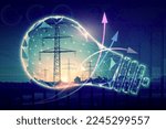 Small photo of Renewable energy concept. A glowing symbolic light bulb and power transmission lines. Ascending arrows. Increasing the production of clean electricity, energy security.