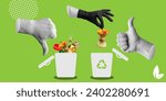 Small photo of Ecology, sorting rubbish, recycling concept. Hand in black glove sorts household waste. Thumbs up in approval of recycling, reuse. Thumbs down in condemnation of unsorted rubbish. Minimalist collage.