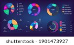 Neon gradient pie chart, infographic collection for reports and presentations, UI, WEB. Mockups circle infochart and Pie charts. 3D, and flat infographics. Modern Pie chart set. Vector illustration