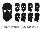 Gangster masks with images and inscriptions, stylish balaclavas with patterns in the form of gangster tattoos, stylish gangster masks from different angles (straight, side, perspective). Vector gang