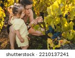 Mother with her baby girl walking through a vineyard in summer tasting this year's harvest. Summer nature. Smiling happy child. Happy family. Fun family.