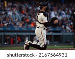 Small photo of San Francisco - June 8, 2022: San Francisco Giants catcher Curt Casali catches against the Colorado Rockies at Oracle Park.