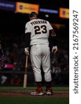 Small photo of San Francisco - June 8, 2022: San Francisco Giants outfielder Joc Pederson bats against the Colorado Rockies at Oracle Park.