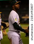 Small photo of Oakland, California - July 5, 2022: Oakland Athletics shortstop Elvis Andrus on the field during a game against the Toronto Blue Jays at the Oakland Coliseum.