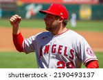 Small photo of Oakland, California - August 10, 2022: Los Angeles Angels infielder David Fletcher on the field before a game against the Oakland Athletics at the Oakland Coliseum.