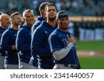 Small photo of Oakland, California - June 14, 2023: Tampa Bay Rays shortstop Wander Franco during the national anthem before a game against the Oakland Athletics at the Oakland Coliseum.