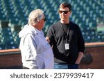 Small photo of April 11, 2023 - San Francisco: San Francisco Giants announcers Duane Kuiper and Dave Flemming talk during batting practice before a game against the Los Angeles Dodgers at Oracle Park.