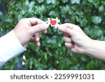 Couple hands holding two pieces of puzzle forming red heart on green leaves blur background, heart on pieces of jigsaw on lover hand, romantic lover celebrate on Valentine day, love unity of  couple