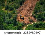 Small photo of Deforestation of India rainforest. Environmental problem and soil erosion. Destruction of forest by machinery. forest destroyed for Tea plantations in Kerala, India