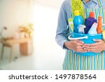 Small photo of woman with cleaning equipment ready to clean house on living room blur background